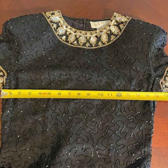 Vintage A.J. Bari Black 100% Silk Beaded Cocktail Dress W/ Gold Sequins Sz 6 - Picture 9 of 11